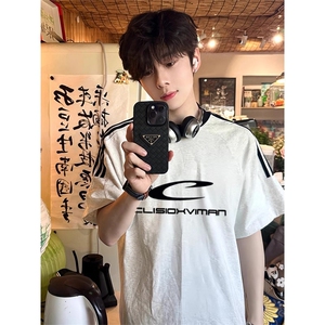 夏季美式高街重磅纯棉三条杠织带撞色男女短袖T恤ZD323-特P30图片