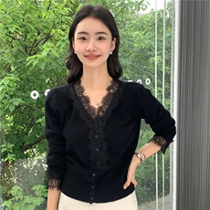 2025舒适百搭简约v领花边蕾丝长袖，女装针织衫/毛衣，玛卡隆羊绒