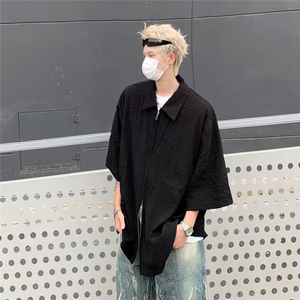 小众褶皱纹理解构拉链衬衫男休闲夏季薄款短袖上衣衬衣45455-p35图片