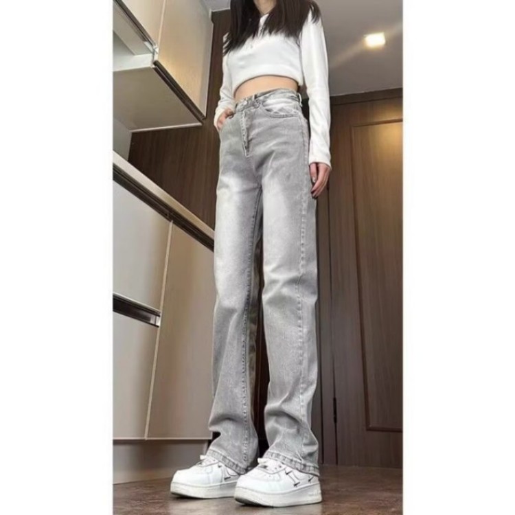美式烟灰色牛仔裤男女款秋冬加绒高腰裤子高街vibe弯刀微喇叭裤潮,男装牛仔裤,星座302B