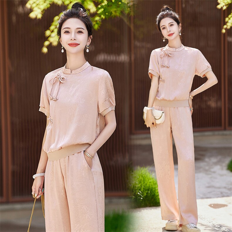 新中式国风套装女2024夏季新款休闲时尚运动盘扣上衣阔腿裤两件套，女装套装/套裙，依路服饰