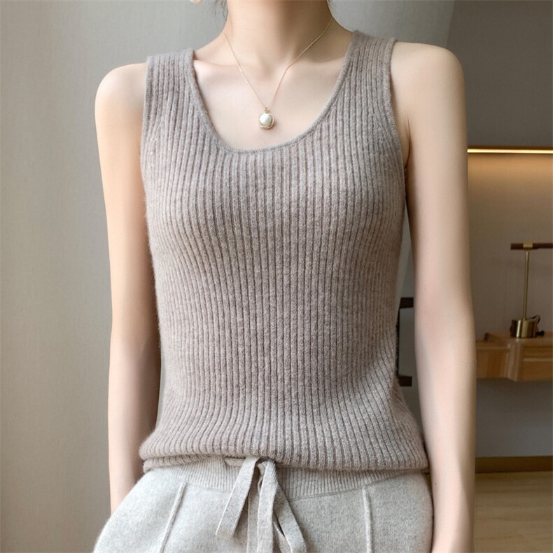 秋冬新款羊毛圆领U领修身吊带背心无袖打底内搭针织DY，女装背心吊带，轩妮羊绒