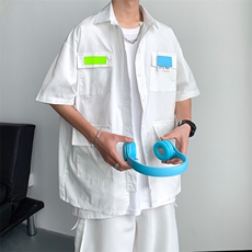 简约口袋工装五分袖衬衫男大码宽松胖子夏季街头上衣W2425-P35，男装衬衫，星座412-3