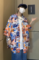 夏季冰丝新款男士宽松港风卡通满印短袖T恤衬衫A071-C33-P38，男装衬衫，电商A071