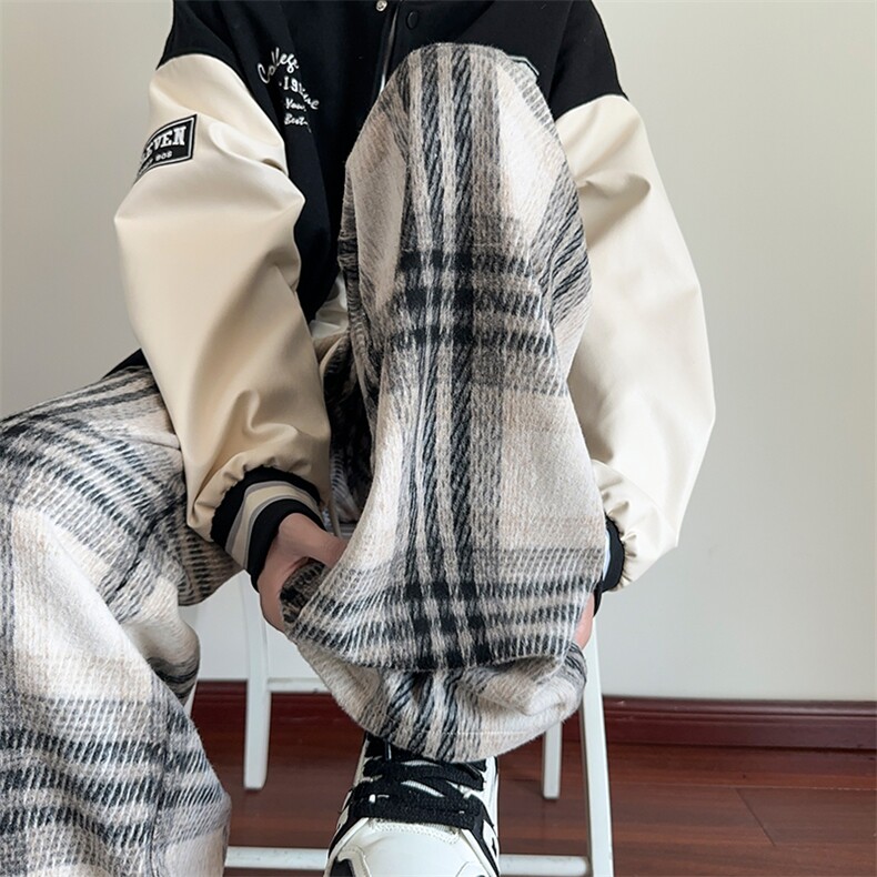 02秋冬季慵懒风毛呢格子裤宽松直筒垂感休闲裤XZ211-1-K2456-P55,男装休闲裤,星座211-1
