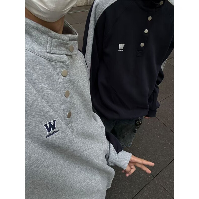 美式复古卫衣撞色拼接个性休闲套头衫长袖外套宽松秋冬款日系上衣,女装短外套,四季星座505