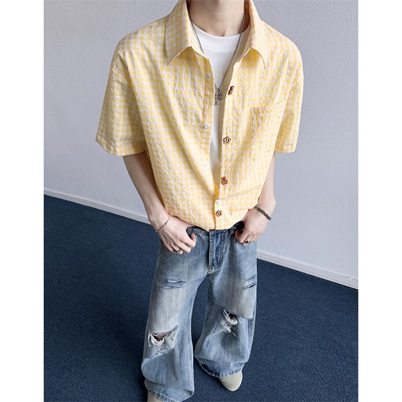 2026夏季新款时尚格子纽扣短袖衬衫男CD6401-特P32建议零售价78,男装T恤,电商A001
