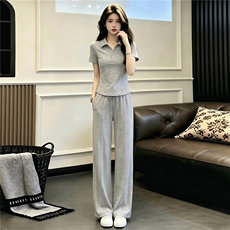 高级感休闲运动时尚套装女夏季翻领纽扣短袖上衣宽松阔腿裤两件套，女装套装/套裙，江南