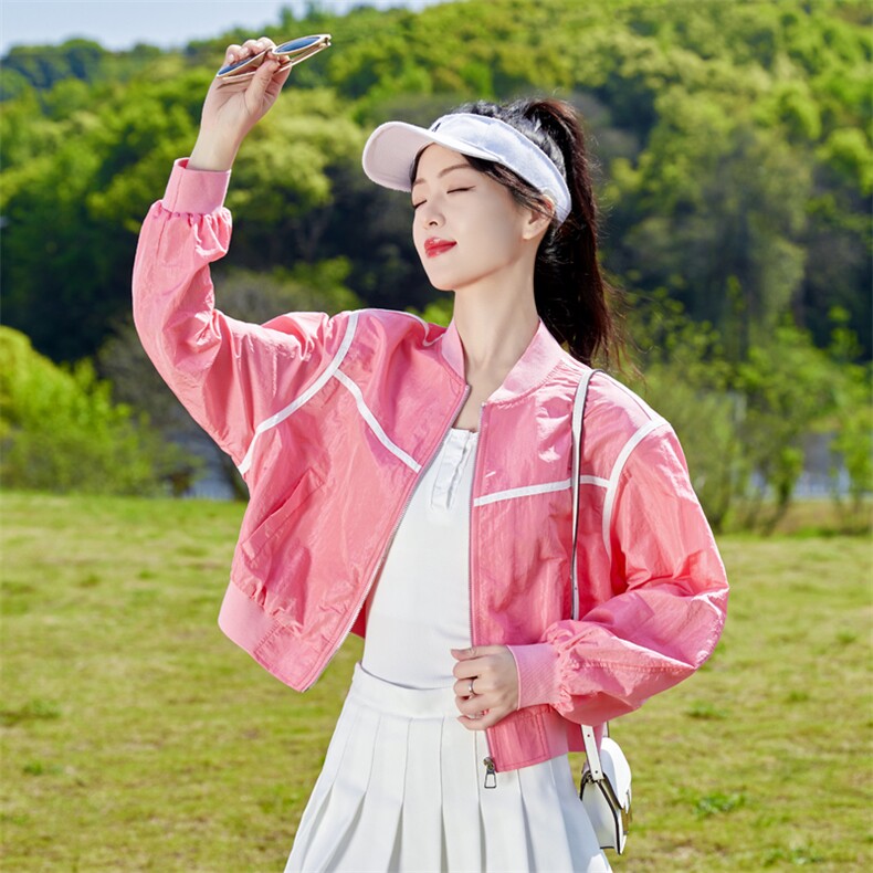 橘色薄款防晒衣上衣女2025夏季新款立领拼色宽松休闲百搭短款上衣，女装短外套，帛香坊