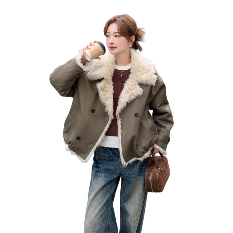 军绿色短款羊羔毛棉服女冬季双排扣毛绒翻领工装保暖棉衣皮毛一体,女装棉衣/棉服,2C166