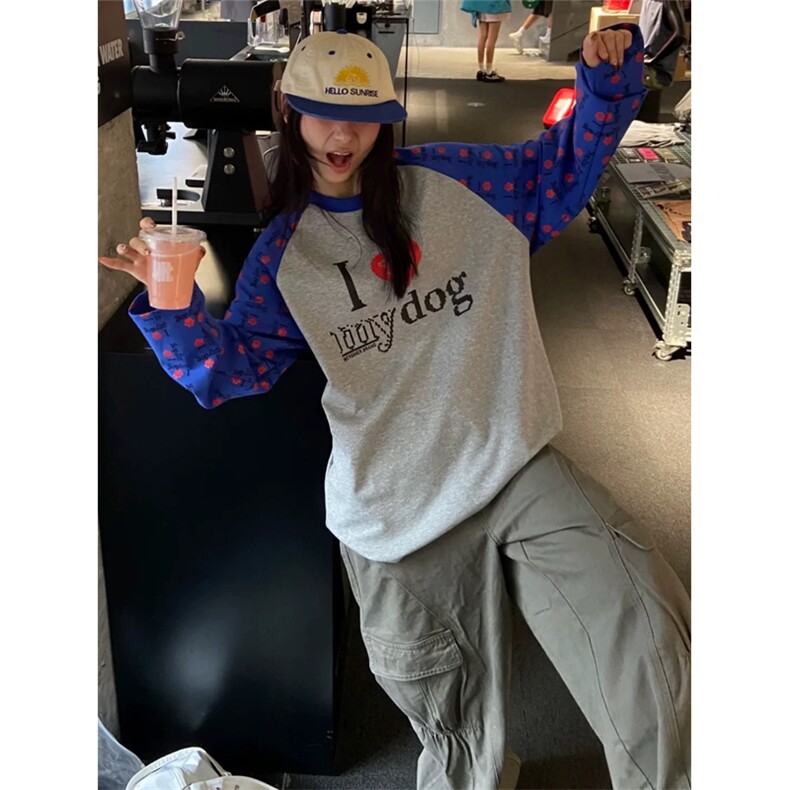 网图有货美式复古爱狗狗撞色插肩袖T恤秋季男女宽松上衣A805-P36,男装T恤,星座1505