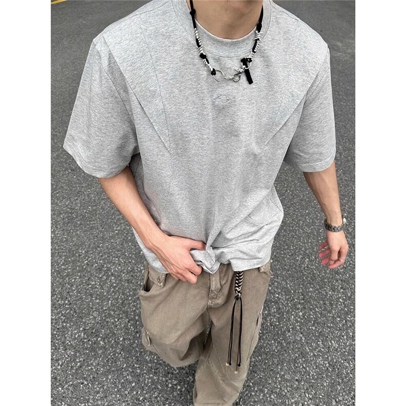 浅灰色小领口正肩短袖男夏季320g重磅纯棉打底t恤内搭五分袖体恤,男装T恤,星座506A