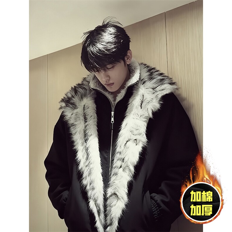 现货高品质美式高街重磅狼王座山雕毛毛领假两件棉衣加厚棉服外套，男装棉衣，电商A486