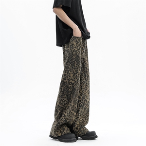 N107 -P60 XS-XXL 潮流时尚豹纹休闲牛仔裤宽松直筒拖地阔腿裤图片