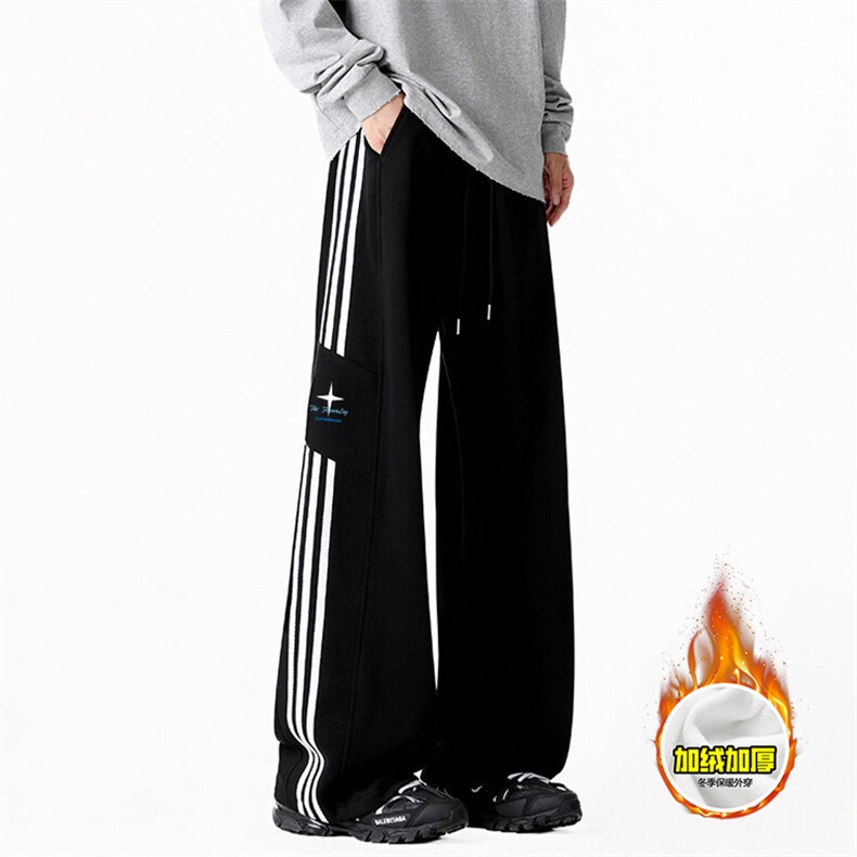 抖音得物高品质秋重磅加绒潮流运动三条杠宽松直筒休闲卫裤AK3602，男装休闲裤，电商A443