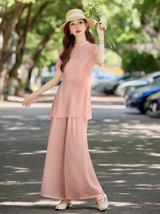 洋气粉色新中式套装女2026夏季薄款立领盘扣上衣显瘦阔腿裤两件套图片