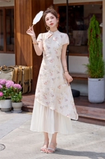 新中式国风不规则拼接碎花连衣裙女2025夏季新款复古改良旗袍裙子，女装连衣裙，自然秀