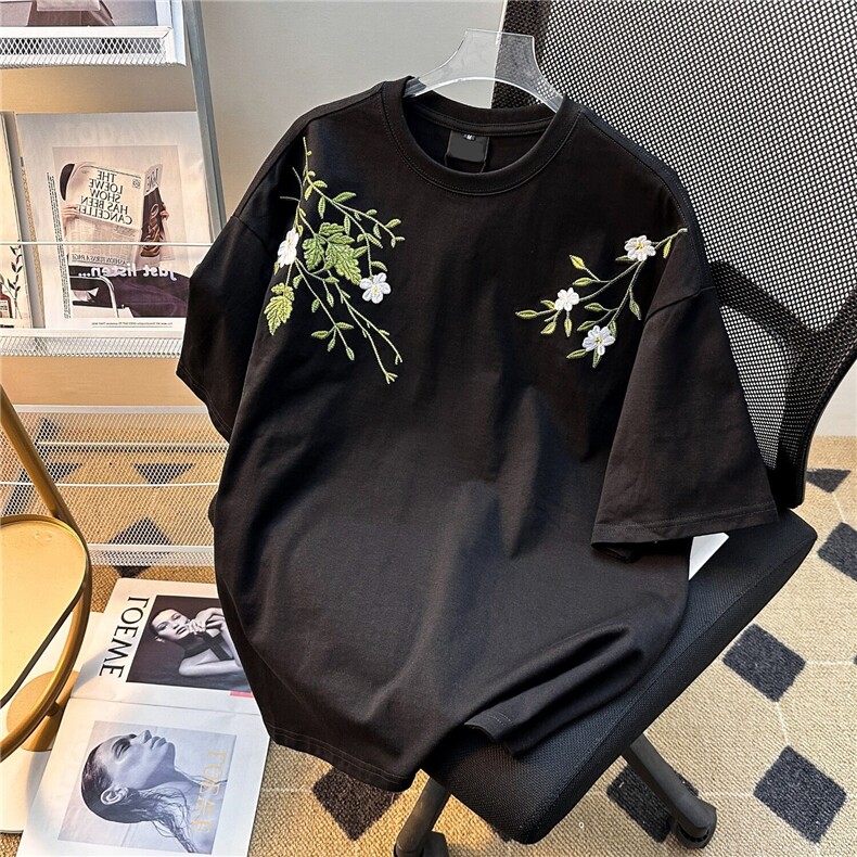 重工街头新中式花卉刺绣廓形短袖T恤男女潮百搭圆领夏装上衣服,男装T恤,星座813-2