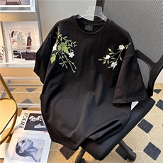 重工街头新中式花卉刺绣廓形短袖T恤男女潮百搭圆领夏装上衣服，男装T恤，星座813-2