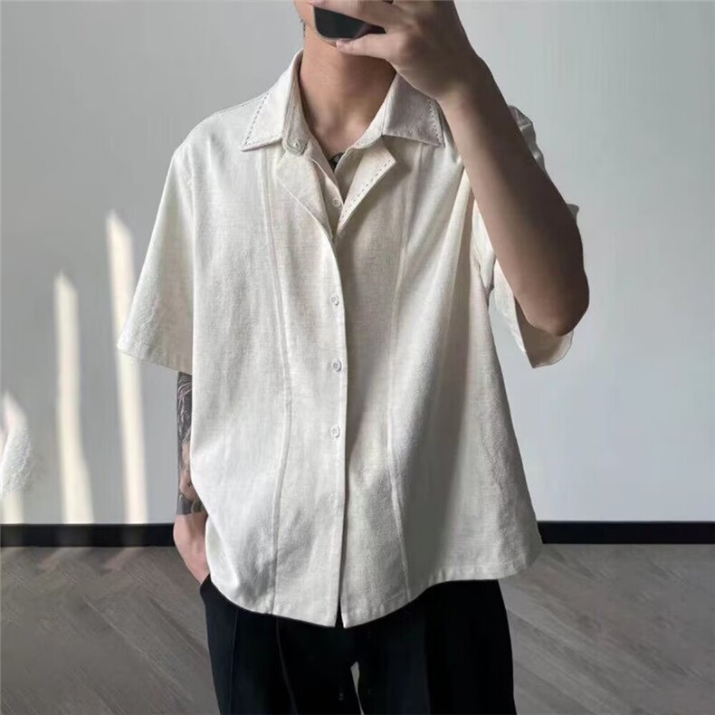 潮流亚麻双领短袖衬衫男女夏季日系新款T225-P47,男装T恤,星座208-5