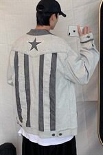 703-J秋季男弹力牛仔拼接毛边夹克外套，男装夹克，星座703