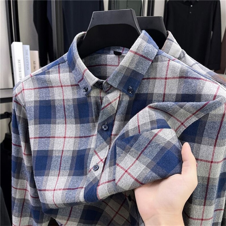 高档春秋款全棉磨毛格子衬衫欧美男装中老年男装长袖衬衣休闲上衣，男装衬衫，星座506A