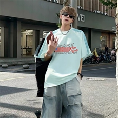 抖音得物品质二开240克宽松纯棉美式潮牌印花三条杠中性风短袖T恤，男装T恤，电商A486-1
