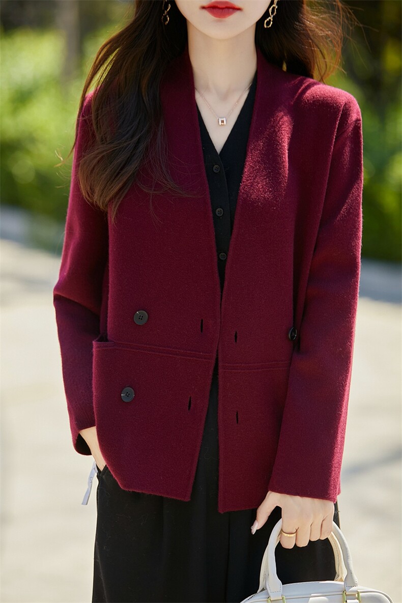 复古精纺羊毛衫针织外套女V领西装长袖开衫宽松带兜气质外搭毛衣,女装西装,暖烁羊绒