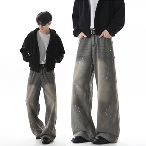 甄枚前高街美式渐变cleanfit宽松泼墨男女微喇牛仔裤图片