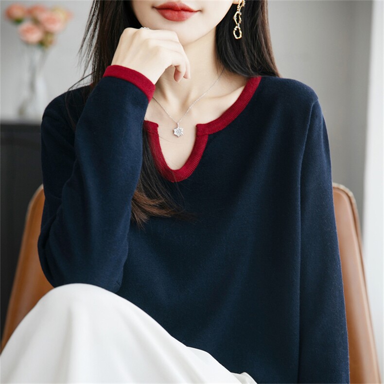 撞色半开襟V领宽松针织衫女慵懒长袖早秋时尚百搭打底衫内搭毛衣,针织衫/毛衣,远腾羊绒