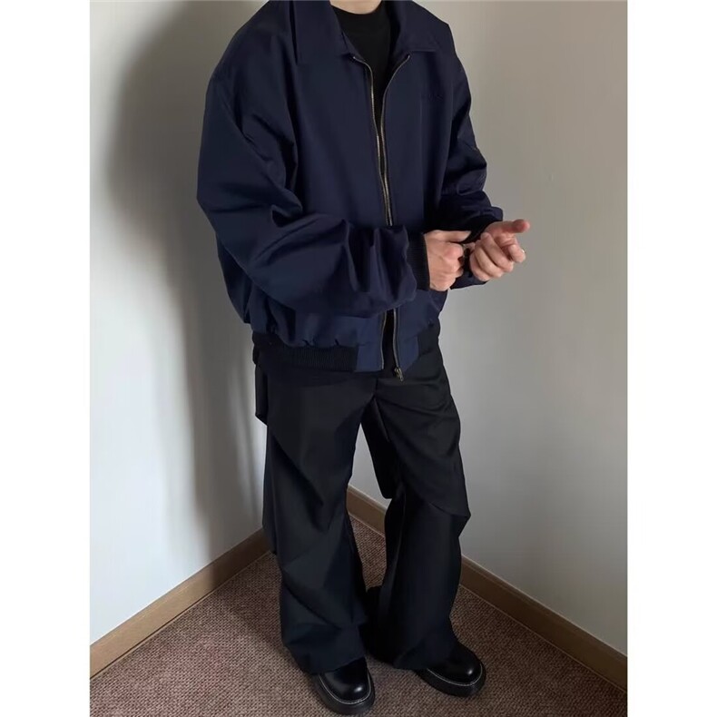 美式复古藏青色飞行夹克外套男潮牌高级感cleanfit翻领短款棒球服,男装夹克,星座506A