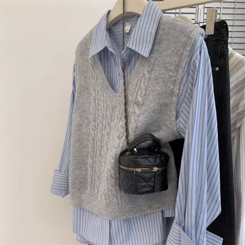灰色V领针织毛衣马甲背心春秋小个子衬衫衬衣叠穿上衣潮，女装针织衫/毛衣，锦瑟羊绒