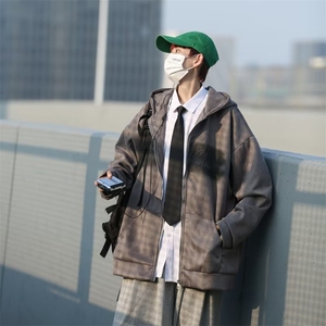 麂皮绒美式复古卫衣外套秋季拉链连帽夹克开衫上衣男 W6084-P57图片