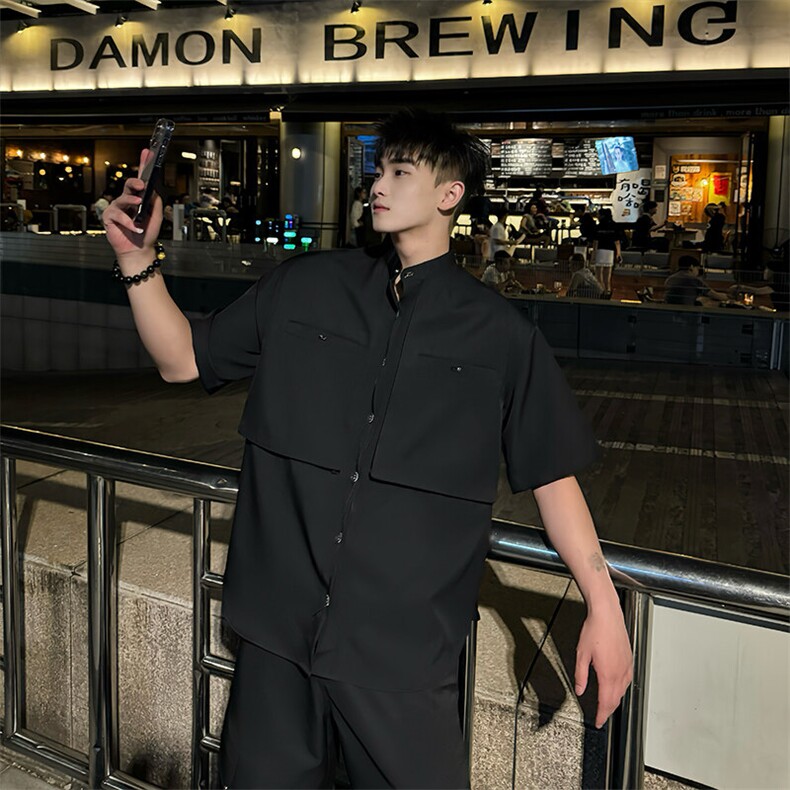 2025夏季黑色立领男士韩系金属工装口袋设计上衣衬衫短袖D05/P75,男装T恤,星座305B