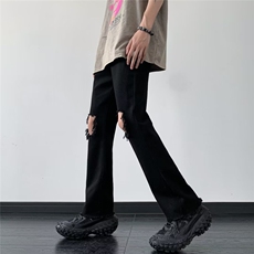 黑色膝盖破洞牛仔裤男女夏薄款高街vibe风休闲微喇叭直筒裤ins潮，男装牛仔裤，星座601-2