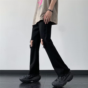 黑色膝盖破洞牛仔裤男女夏薄款高街vibe风休闲微喇叭直筒裤ins潮图片