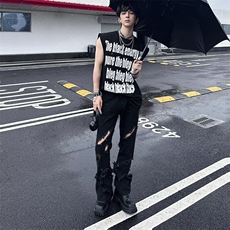 2026新复古破洞微喇叭黑色牛仔裤vibe高街直筒长裤K60436-P38网图，男装牛仔裤，电商B245