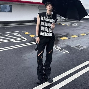 2026新复古破洞微喇叭黑色牛仔裤vibe高街直筒长裤K60436-P38网图图片