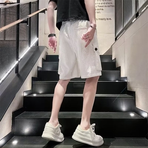 白色条纹工装短裤男夏季流大口袋休闲宽松5五分裤新款2023 D06图片
