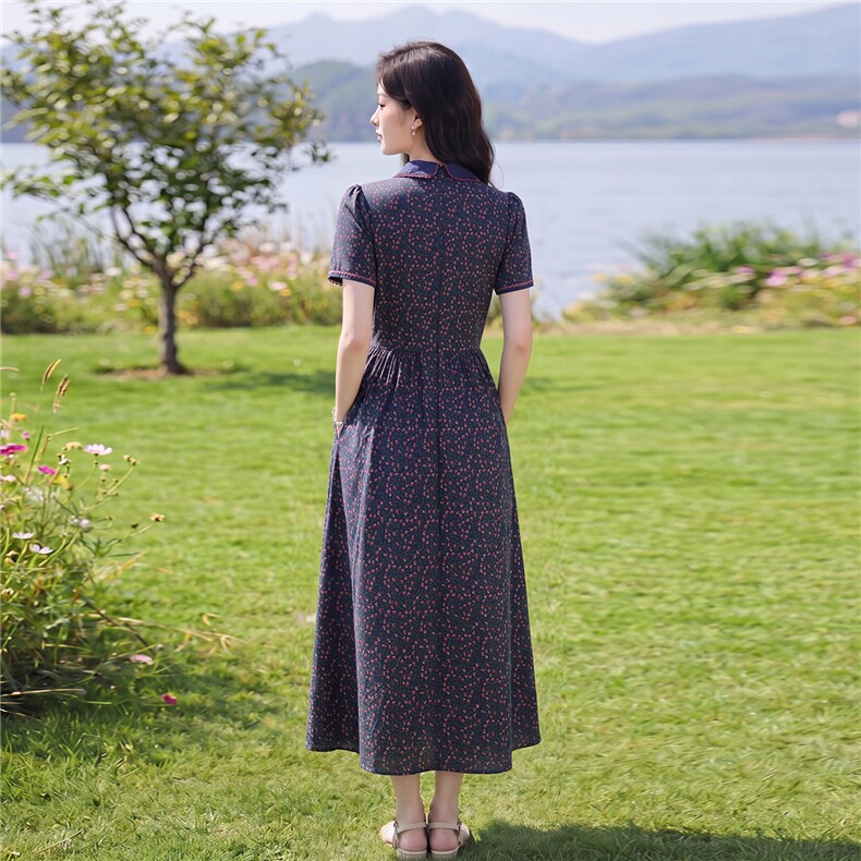 田园风斜领碎花刺绣连衣裙女春夏收腰显瘦中长裙,女装连衣裙,水衣源