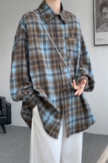 衬衫男秋季新款港风宽松大码磨毛格子长袖衬衣CS618-P35，男装衬衫，星座214-3