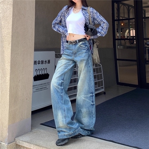 美式水洗蓝猫须直筒牛仔裤女秋季新款显瘦宽松百搭垂感拖地裤图片