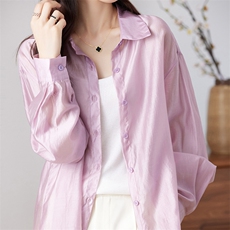 2025年春季百搭长袖翻领直筒型单排多扣纯色防晒衫女衬衫款外套，女装衬衫，亿美羊绒