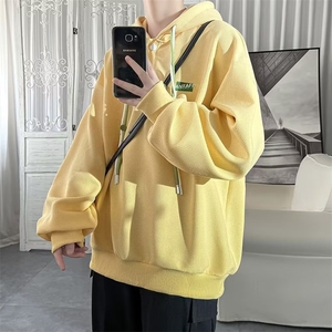 潮连帽卫衣男秋季潮流简约笑脸印花慵懒风帽衫港风宽松套头外套图片