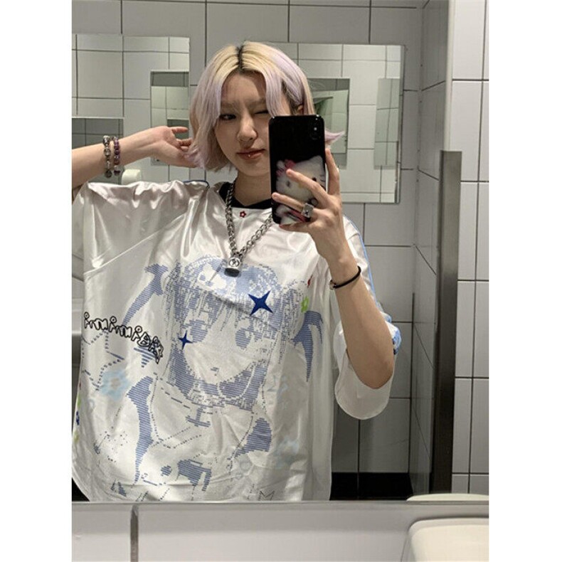 美式复古卡通少女球衣短袖T恤女宽松拼接V领休闲上衣夏TB116,男装T恤,星座1116A（原606A-3）