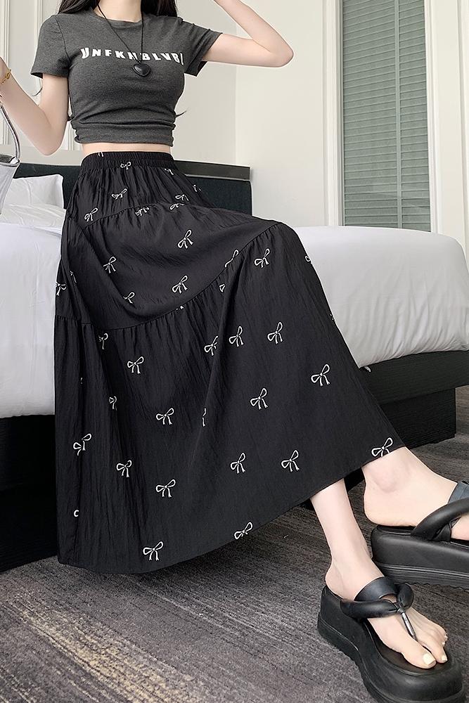 甜美蝴蝶结印花拼接半身裙女夏季新款高腰A字裙中长款蛋糕裙,女装半身裙,梦白服饰厂