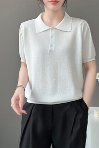 肌理感弹力白搭显瘦POLO领鎏金纱天丝针织短袖女气质纯色翻领上衣图片