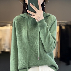连帽针织羊毛衫女士宽松纯色亲肤毛衣2025秋冬新款套头卫衣打底衫，女装针织衫/毛衣，大美人包芯纱店