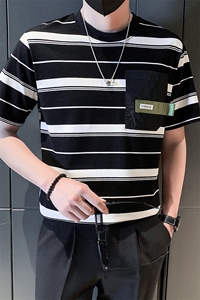 2025新款夏季短袖T恤男潮牌条纹圆领半袖体恤 A313-1-23030-P48图片