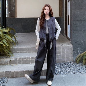 韩系休闲减龄时尚套装灰色马甲阔腿裤两件套女秋图片